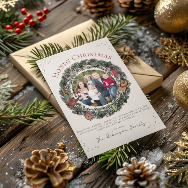 Cartes Pour Fêtes Annuelles Country Christmas Wreath Family Photo (Country Christmas Card Featuring Hand-Drawn Wreath, Vintage Ornaments, Cowboy Boots, Hat and Holly.)