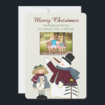 Cartes Pour Fêtes Annuelles Country Snowman Christmas Photo Card<br><div class="desc">Stylish festive flat style Christmas greeting card done in off white, with country primitive graphics of a colorfully dressed snowman and a little girl. A rectangular photo area, above the graphics is ready to personalize with your picture. Custom text and greeting, at the top of the card, is ready to...</div>