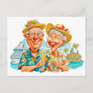Cartes Pour Fêtes Annuelles Couple âgé appréciant des cocktails sur une plage