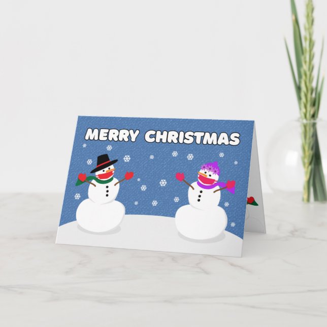 Cartes Pour Fêtes Annuelles Couple de bonhommes de neige Joyeux Noël en masque (Devant)