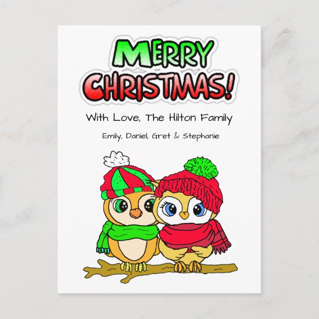 Cartes Pour Fêtes Annuelles Couple de Chouette Festive en câlin Noël (Devant)