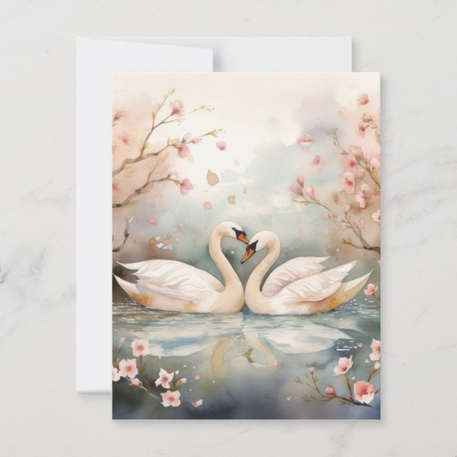 Cartes Pour Fêtes Annuelles Couple de cygnes à l'aquarelle (Devant)