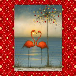 Cartes Pour Fêtes Annuelles Couple de flamants tropicaux avec palmier de Noël