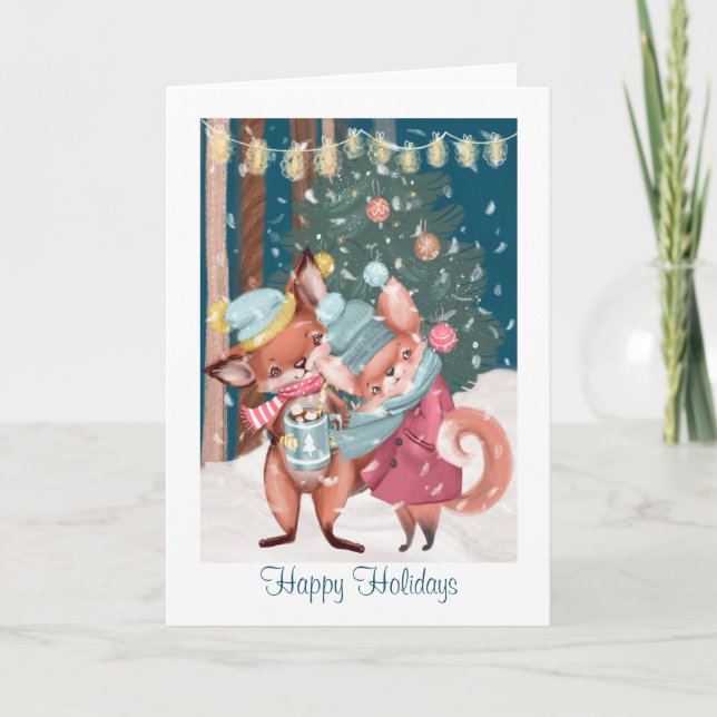 Cartes Pour Fêtes Annuelles Couple de Fox mignonne Joyeuses vacances Noël (Devant)