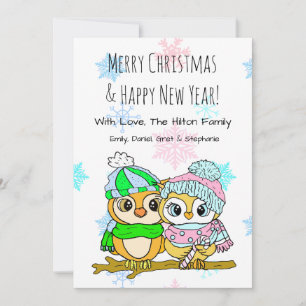 Cartes Pour Fêtes Annuelles Couple de hiboux mignons sur une branche d'arbre N
