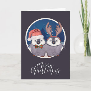 Cartes Pour Fêtes Annuelles Couple de manchots Noël Mignon Santa et Renne