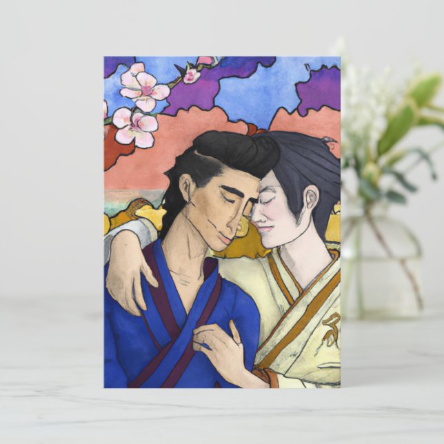 Cartes Pour Fêtes Annuelles Couple Gay Dans Le Style De L'Art Japonais Ukiyo-e (Debout devant)
