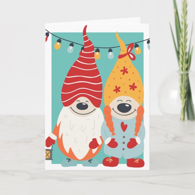Cartes Pour Fêtes Annuelles Couple Gnome mignon Noël personnalisé (Devant)