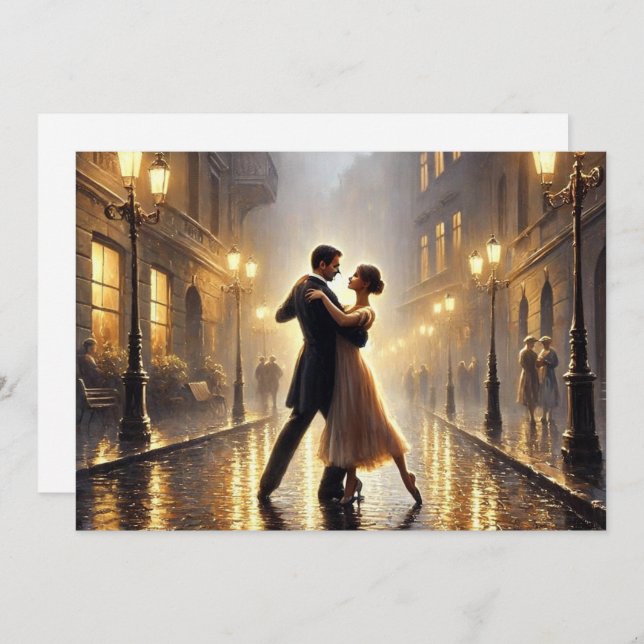 Cartes Pour Fêtes Annuelles Couple romantique dansant sous la pluie (Devant / Derrière)
