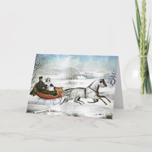 Cartes Pour Fêtes Annuelles Couple victorien à Sleigh Noël (Devant)