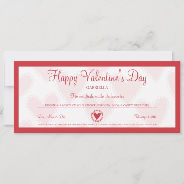 Cartes Pour Fêtes Annuelles Coupon de la Saint Valentin (Devant)
