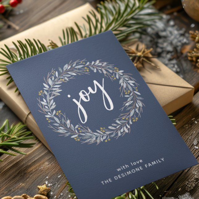 Cartes Pour Fêtes Annuelles Couronne botanique à l'aquarelle Joie Bleue Noël (Créateur téléchargé)