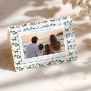 Cartes Pour Fêtes Annuelles Couronne Côtière Bleu Or Motif Photo Pliée