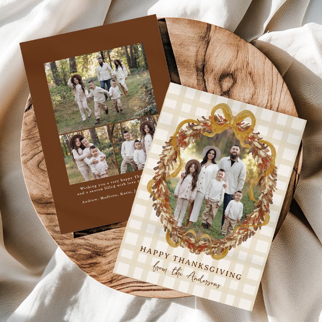 Cartes Pour Fêtes Annuelles Couronne d'automne rustique avec Bow 4 Photo Thank (Créateur téléchargé)