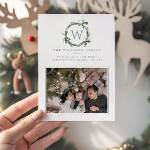 Cartes Pour Fêtes Annuelles Couronne de baies de Noël bleu clair avec monogram