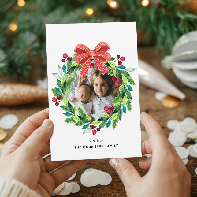 Cartes Pour Fêtes Annuelles Couronne de baies et de houx à l'aquarelle (Watercolor Berry and Holly Wreath Holiday Card)