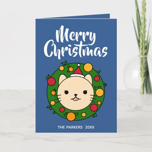 Cartes Pour Fêtes Annuelles Couronne de chats beige | Blue Merry Christmas Pho (Devant)
