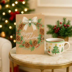 Cartes Pour Fêtes Annuelles Couronne de décembre élégante avec ruban blanc aqu