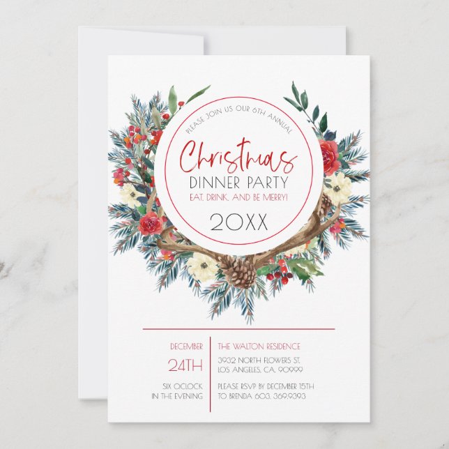 Cartes Pour Fêtes Annuelles Couronne de fleurs de Noël avec bois de cerf (Devant)