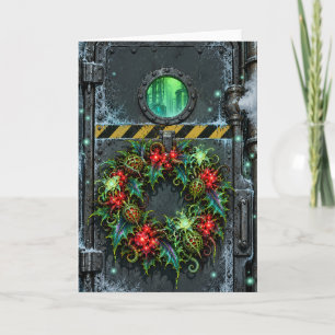Cartes Pour Fêtes Annuelles Couronne de houx extraterrestre sur un laboratoire