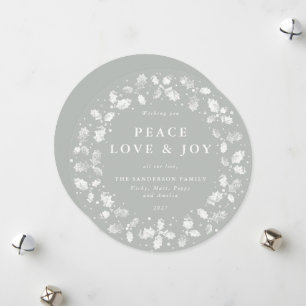 Cartes Pour Fêtes Annuelles Couronne de houx grise-verte ronde Paix Amour + Jo