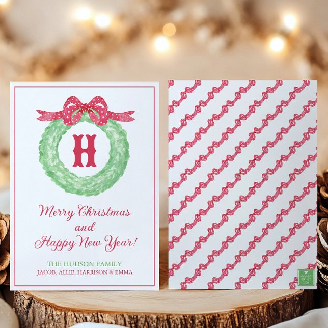 Cartes Pour Fêtes Annuelles Couronne de monogramme à nœud à pois rouge aquarel (Créateur téléchargé)