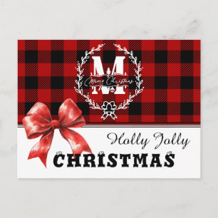 Cartes Pour Fêtes Annuelles Couronne de monogramme de Noël en plaid de Buffalo