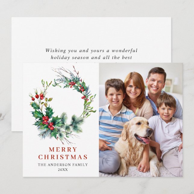 Cartes Pour Fêtes Annuelles Couronne de Noël à la baie de houx PHOTO (Devant / Derrière)