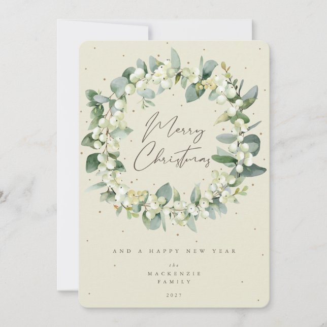 Cartes Pour Fêtes Annuelles Couronne de Noël à la neige + Eucalyptus Non-Photo (Devant)