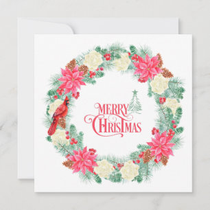 Cartes Pour Fêtes Annuelles Couronne de Noël à l'aquarelle avec poinsettia