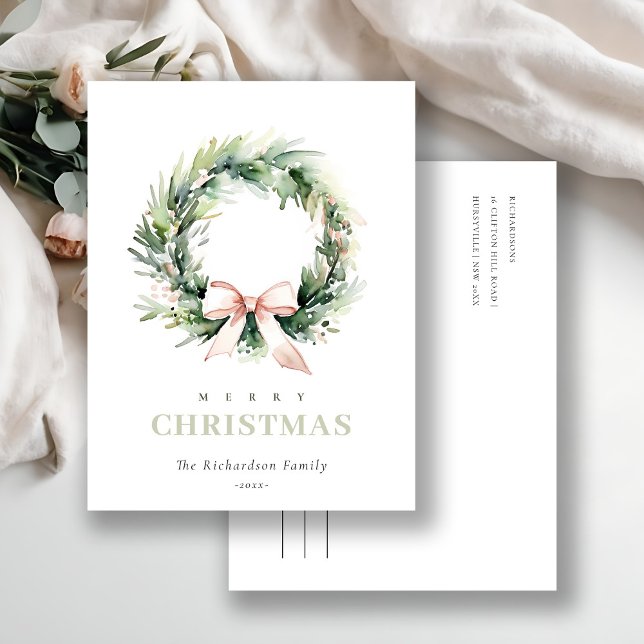 Cartes Pour Fêtes Annuelles Couronne de Noël à l'aquarelle vert blush doux (Créateur téléchargé)