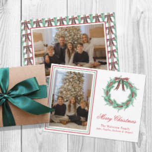 Cartes Pour Fêtes Annuelles Couronne de Noël à ruban à carreaux à l'aquarelle
