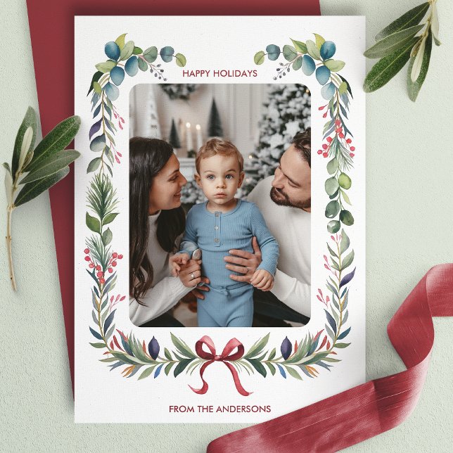 Cartes Pour Fêtes Annuelles Couronne de Noël à ruban rouge aquarelle photo de  (Créateur téléchargé)