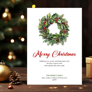 Cartes Pour Fêtes Annuelles Couronne de Noël aquarelle rouge vert 