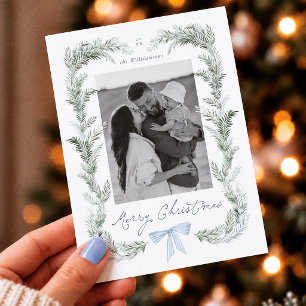 Cartes Pour Fêtes Annuelles Couronne de Noël au ruban bleu, photo botanique de