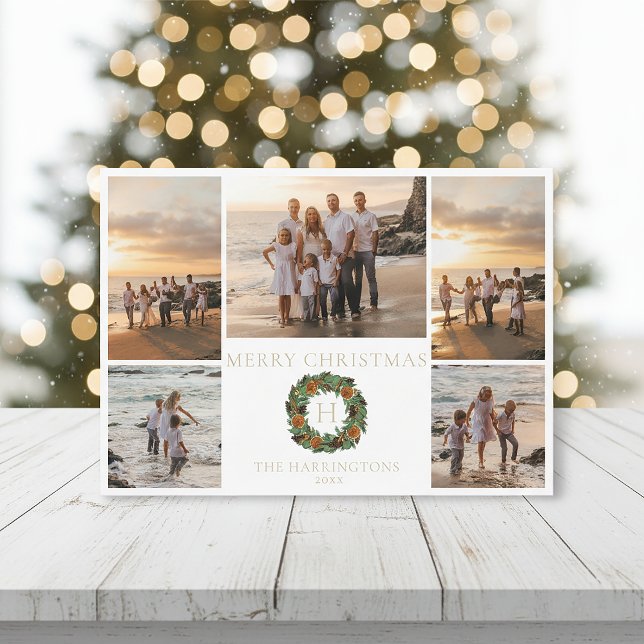 Cartes Pour Fêtes Annuelles Couronne de Noël aux initiales de monogramme et or (Créateur téléchargé)