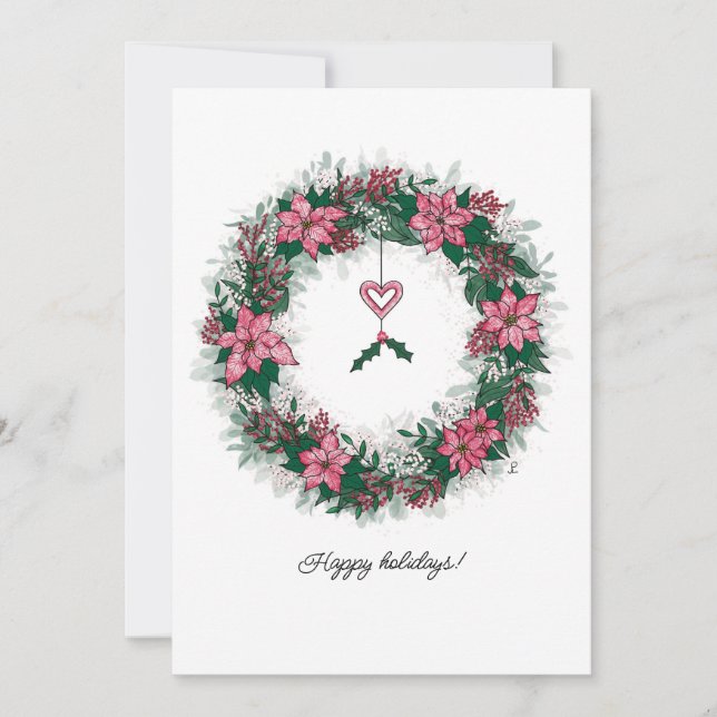 Cartes Pour Fêtes Annuelles Couronne de Noël aux poinsettias roses et blancs (Devant)