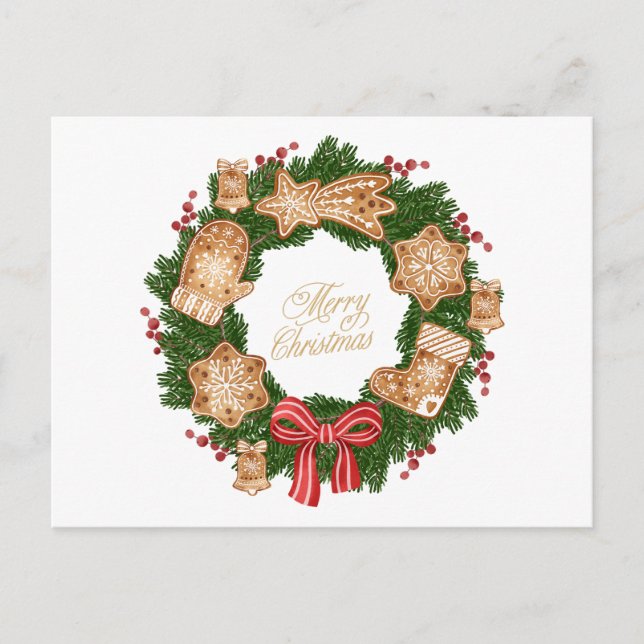 Cartes Pour Fêtes Annuelles Couronne de Noël avec pain d'épices Cookies, baies (Devant)