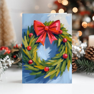 Cartes Pour Fêtes Annuelles Couronne de Noël avec Ruban Rouge Aquarelle