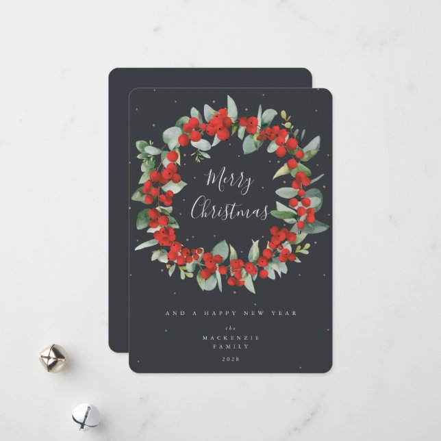 Cartes Pour Fêtes Annuelles Couronne de Noël Baies Rouges+Eucalyptus Non-Photo (Devant/Arrière en situation)