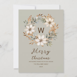 Cartes Pour Fêtes Annuelles Couronne de Noël Bohème Naturelle Monogramme Hiver