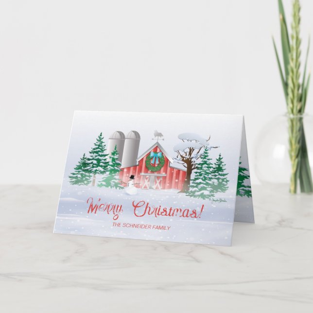 Cartes Pour Fêtes Annuelles Couronne de Noël bonhomme de neige de grange rouge (Devant)