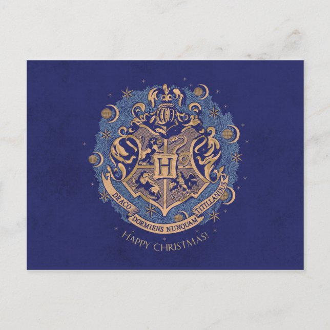 Cartes Pour Fêtes Annuelles Couronne de Noël du blason de HOGWARTS™ Bleu (Devant)