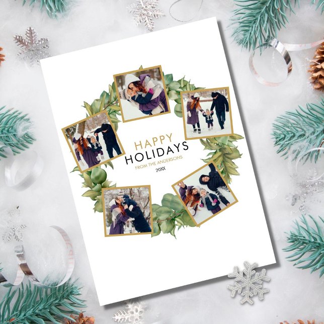 Cartes Pour Fêtes Annuelles Couronne de Noël élégante avec 5 photos et verdure (Créateur téléchargé)