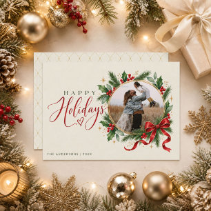 Cartes Pour Fêtes Annuelles Couronne de Noël élégante avec ruban rouge pour ph