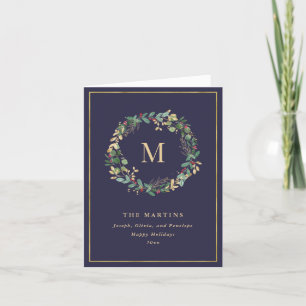 Cartes Pour Fêtes Annuelles Couronne de Noël élégante dorée avec monogramme
