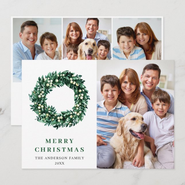 Cartes Pour Fêtes Annuelles Couronne de Noël festive au houx 4 PHOTO Félicitat (Devant / Derrière)