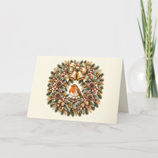 Cartes Pour Fêtes Annuelles Couronne de Noël festive avec rouge-gorge et grelo