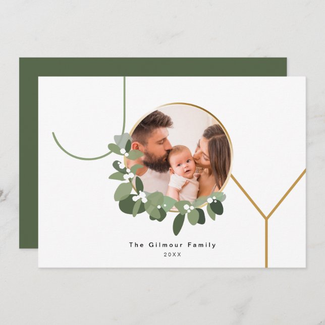 Cartes Pour Fêtes Annuelles Couronne de Noël JOIE Photo de famille personnalis (Devant / Derrière)