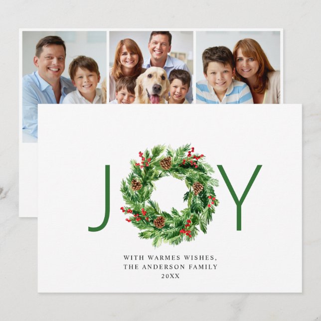 Cartes Pour Fêtes Annuelles Couronne de Noël JOY Festive Holly Berry Noël 3 Ph (Devant / Derrière)